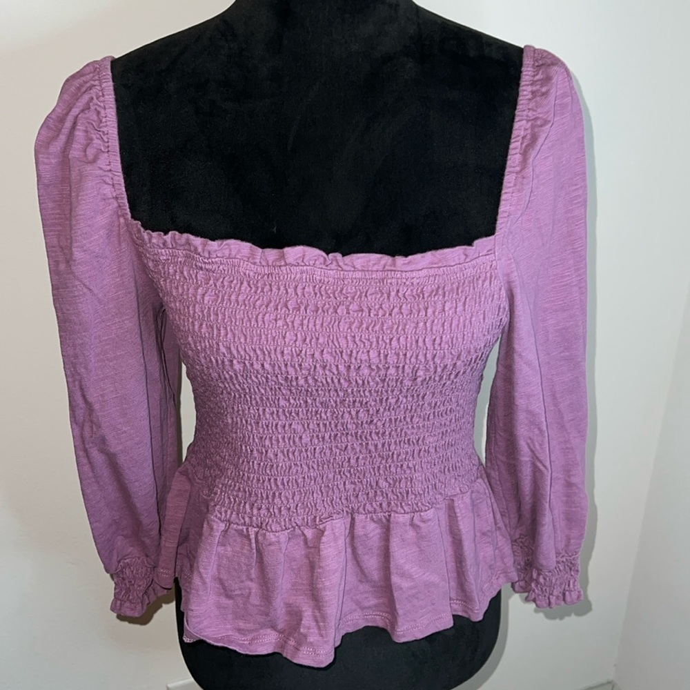 Shabby Chic purple smocked puff sleeves‎ square neck top blouse Sz L